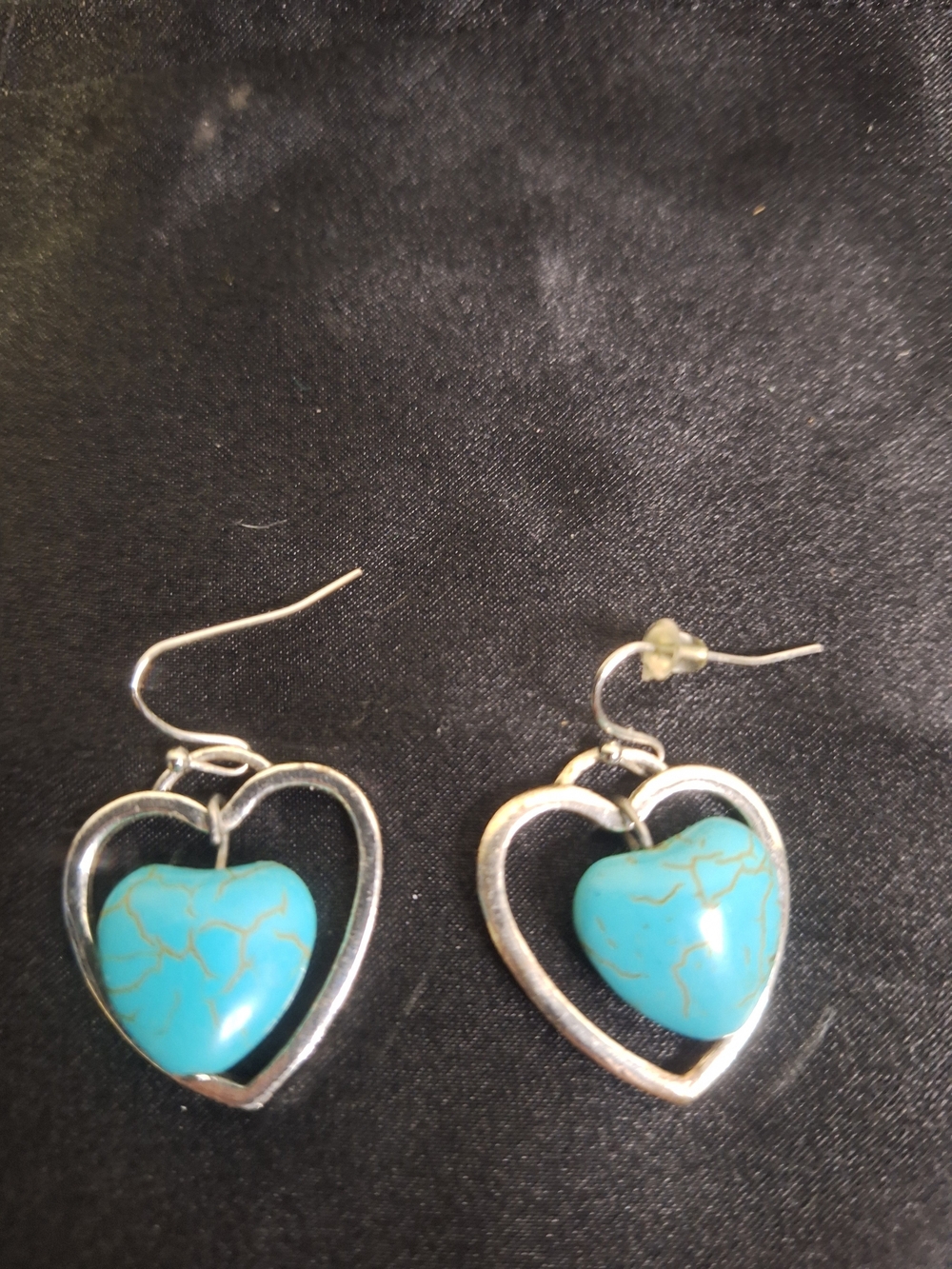 Turquoise Heart Dangle Earrings - Silver Tone Jewelry